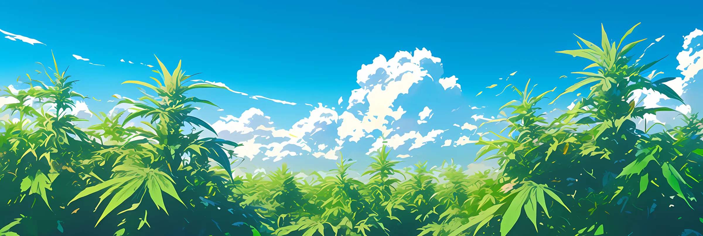 Illustrated cannabis canopy against a blue summer sky