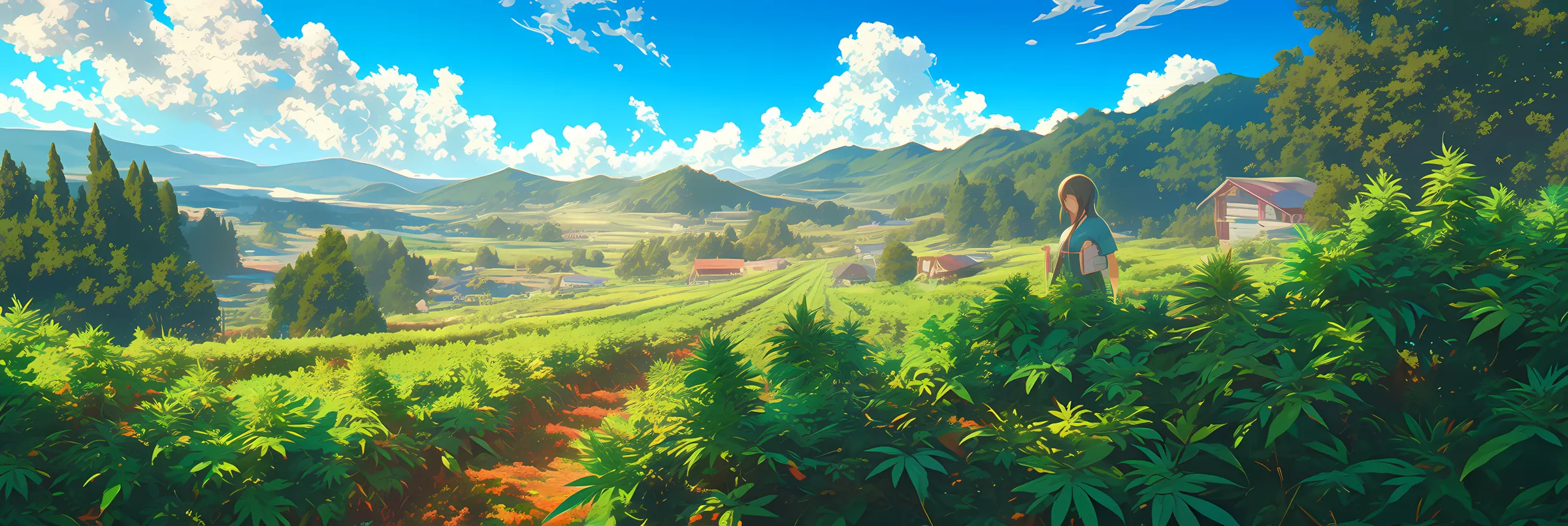 Illustrated valley of cannabis fields under a bright sky
