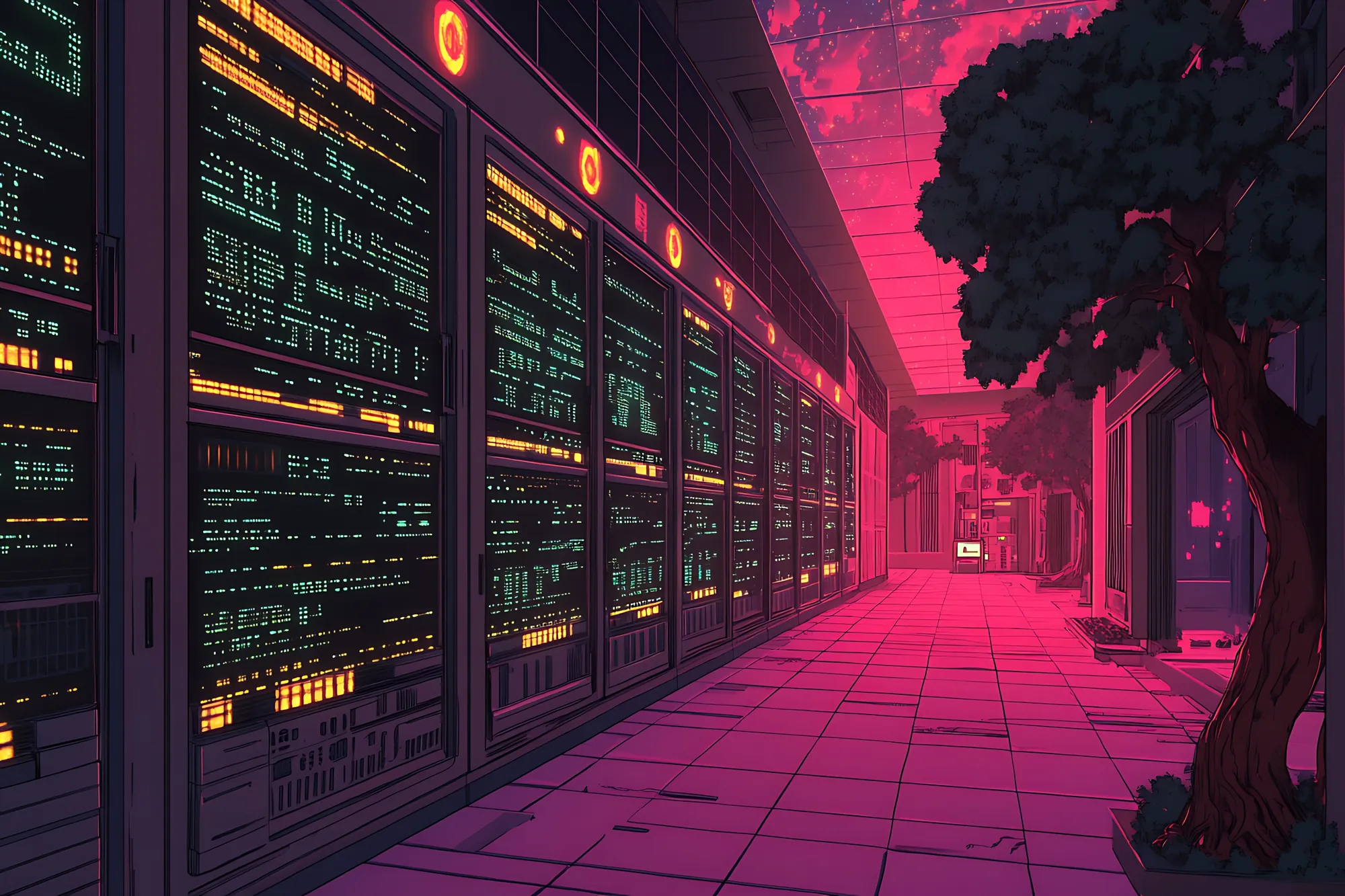 Illustrated server corridor with glowing racks and a flowering tree